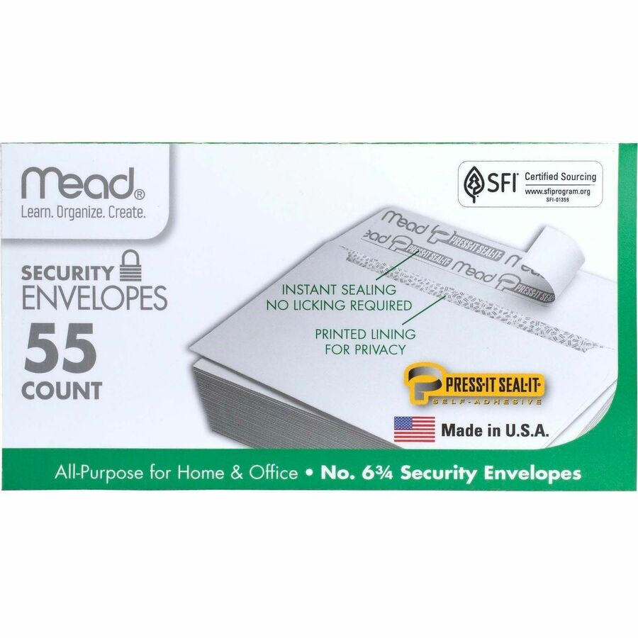 Mead Press-it No. 6 Security Envelopes - Security - #6 3/4 - Peel & Seal - White - 1 Box