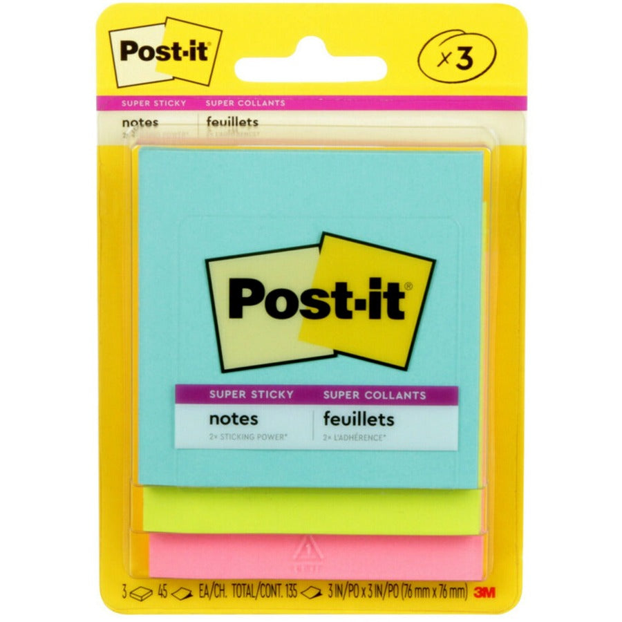 Post-it®, Super Sticky Notes - Supernova Neons Color Collection - 135 - 3" Flag/Note Width x 3" Flag/Note Length - Square - 45 Sheets per Pad - Unruled - Aqua Splash, Acid Lime, Tropical Pink - Paper - Self-adhesive - 1 Pack