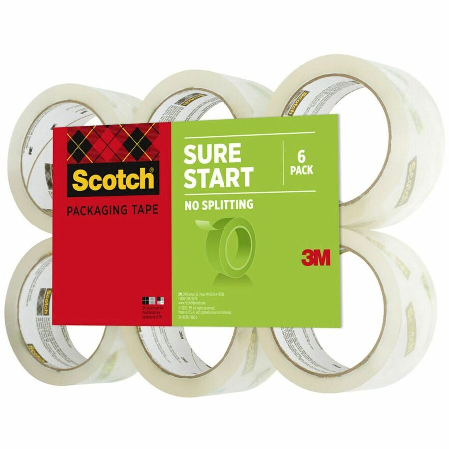 Scotch Sure Start Packaging Tape - 54.60 yd Length x 1.88" Width x 2.6 mil Thickness - 3" Core - Clear - Synthetic Rubber Resin - 2.95 mil - Sliver Resistant, Moisture Resistant, Split Resistant - For Sealing, Mailing, Packing, Moving - 1 Pack