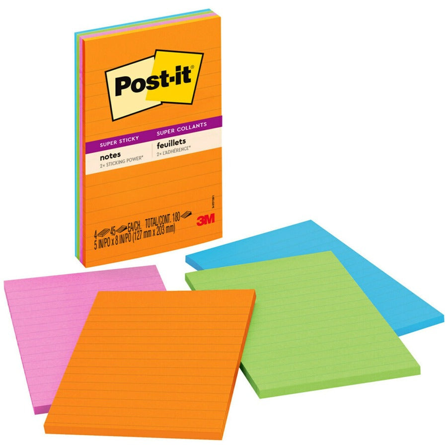 Post-it®, Super Sticky Lined Notes - Energy Boost Color Collection - 180 - 5" Flag/Note Width x 8" Flag/Note Length - Rectangle - 45 Sheets per Pad - Ruled - Vital Orange, Tropical Pink, Blue Paradise, Limeade - Paper - Self-adhesive - 12 / Pack
