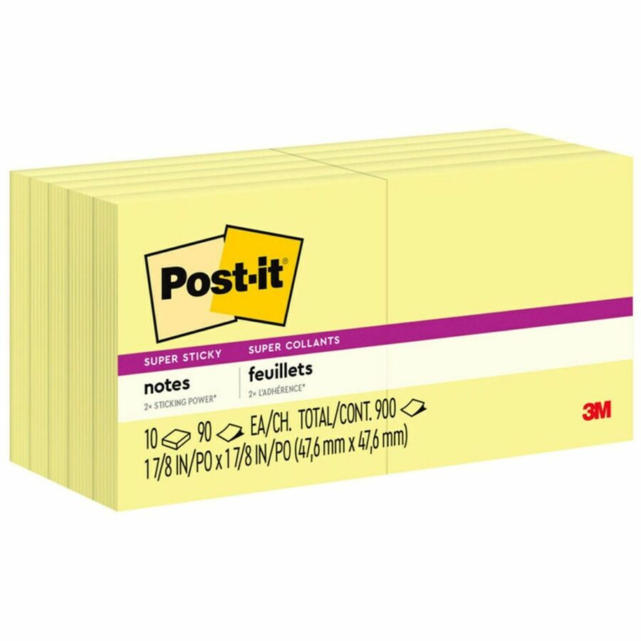 Post-it®, Super Sticky Adhesive Notes - 900 - 2" Flag/Note Width x 2" Flag/Note Length - Square - 90 Sheets per Pad - Unruled - Yellow - Paper - Self-adhesive - 10 / Pack