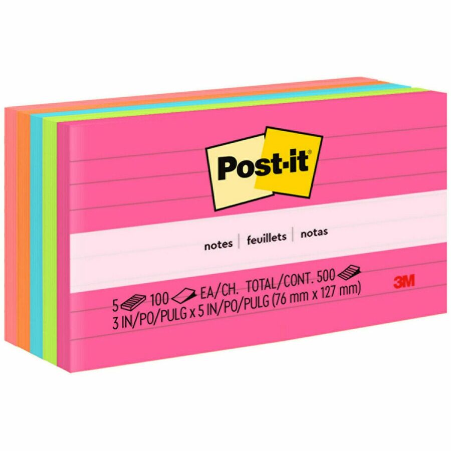 Post-it®, Notes Original Lined Notepads - Poptimistic Color Collection - 500 - 3" Flag/Note Width x 5" Flag/Note Length - Rectangle - 100 Sheets per Pad - Ruled - Power Pink, Acid Lime, Aqua Splash, Vital Orange, Guava - Paper - Self-adhesive, Repos...