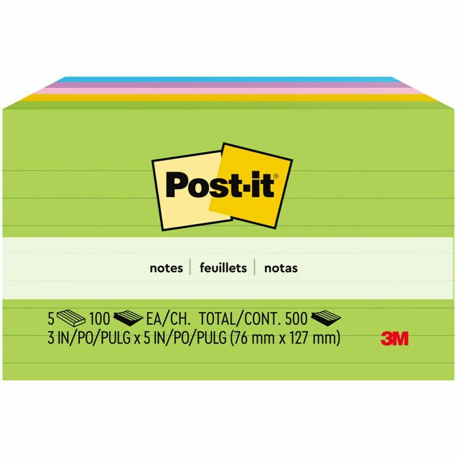 Post-it®, Notes Original Lined Notepads - Floral Fantasy Color Collection - 500 - 3" Flag/Note Width x 5" Flag/Note Length - Rectangle - 100 Sheets per Pad - Ruled - Limeade, Citron, Positively Pink, Iris Infusion, Blue Paradise - Paper - Self-adhes...