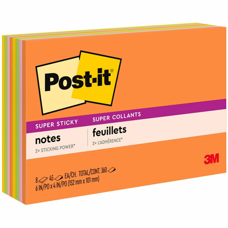 Post-it®, Super Stick Notes - Energy Boost Color Collection - 360 - 6" Flag/Note Width x 4" Flag/Note Length - Rectangle - 45 Sheets per Pad - Unruled - Vital Orange, Limeade, Tropical Pink, Sunnyside - Paper - Self-adhesive - 8 / Pack