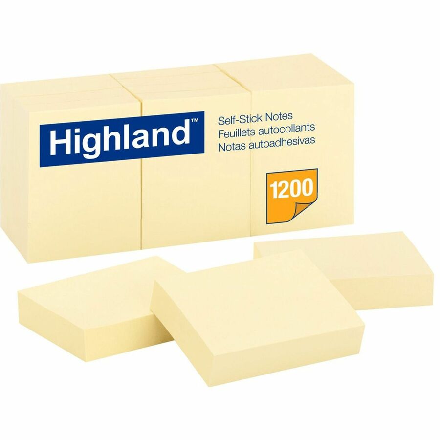 Highland Self-Sticking Notepads - 1200 - 1 1/2" Flag/Note Width x 2" Flag/Note Length - Rectangle - 100 Sheets per Pad - Unruled - Yellow - Paper - Self-adhesive, Repositionable - 1 Pack