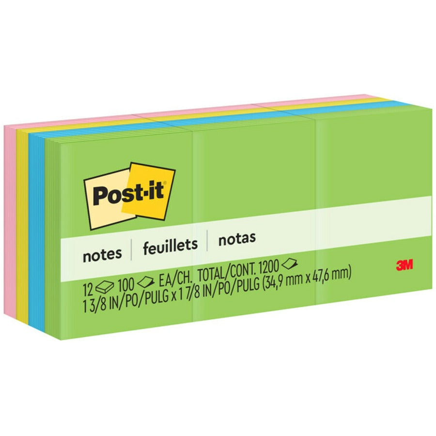 Post-it®, Notes Original Notepads - Floral Fantasy Color Collection - 1200 - 1 3/8" Flag/Note Width x 1 7/8" Flag/Note Length - Rectangle - 100 Sheets per Pad - Unruled - Limeade, Citron, Positively Pink, Iris Infusion, Blue Paradise - Paper - Self...
