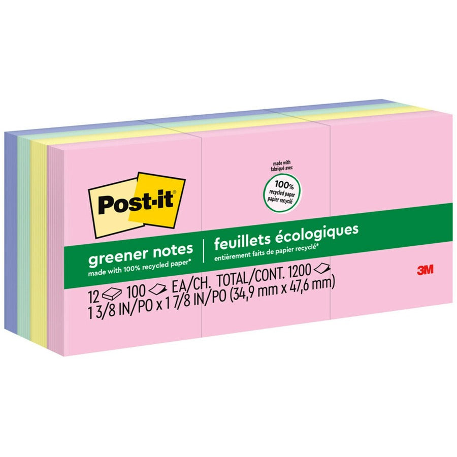 Post-it®, Greener Notes- Sweet Sprinkles Color Collection, 1 3/8 x 1 7/8 in - 1200 - 1 3/8" Flag/Note Width x 1 7/8" Flag/Note Length - Rectangle - 100 Sheets per Pad - Unruled - Positively Pink, Canary Yellow, Fresh Mint, Moonstone - Paper - Self-a...