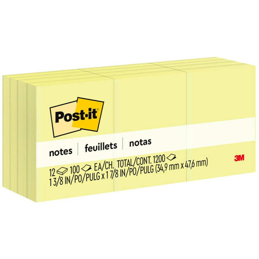 Post-it®, Notes Original Notepads - 1 3/8" Flag/Note Width x 1 7/8" Flag/Note Length - Rectangle - 100 Sheets per Pad - Unruled - Canary Yellow - Paper - Self-adhesive, Repositionable - 1 Pack