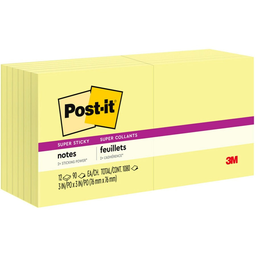 Post-it®, Super Sticky Notes - 1080 - 3" Flag/Note Width x 3" Flag/Note Length - Square - 90 Sheets per Pad - Unruled - Canary Yellow - Paper - Self-adhesive - 12 / Pack