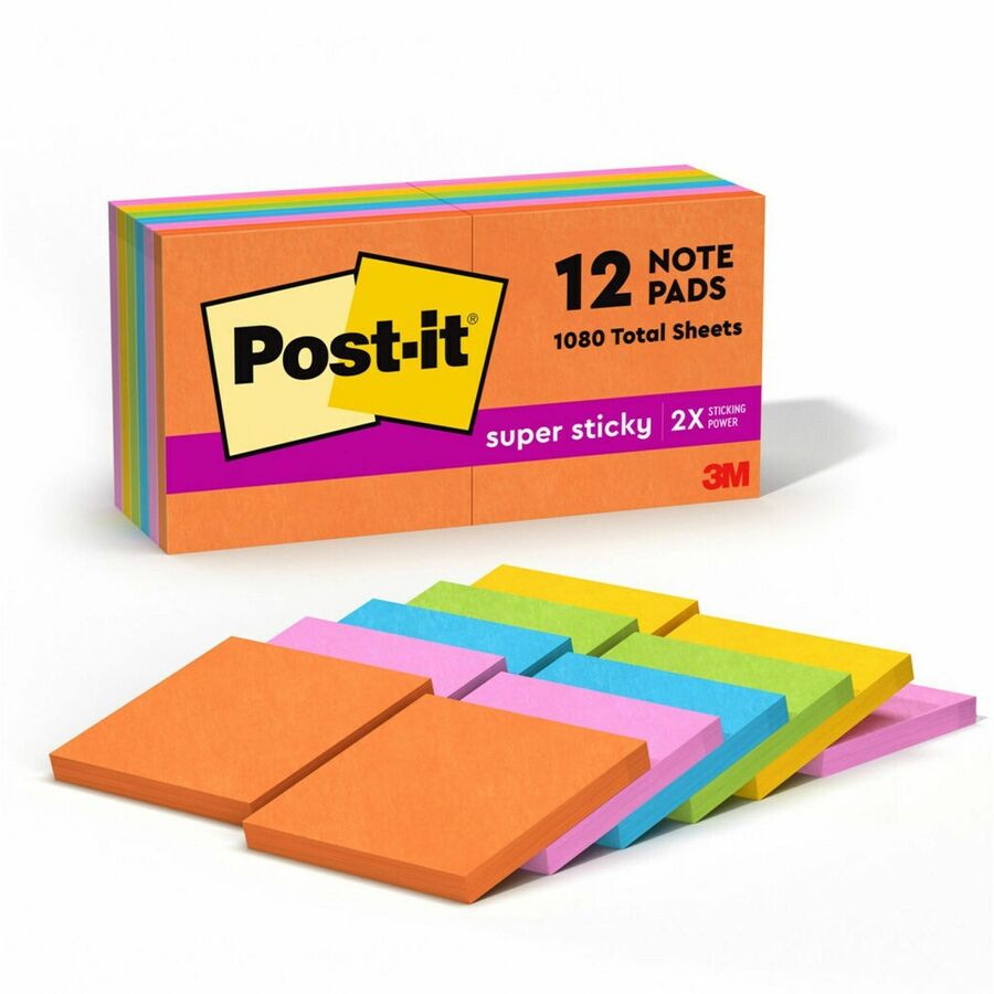 Post-it®, Super Sticky Notes - Energy Boost Color Collection - 1080 - 3" Flag/Note Width x 3" Flag/Note Length - Square - 90 Sheets per Pad - Unruled - Vital Orange, Tropical Pink, Sunnyside, Blue Paradise, Limeade - Paper - Self-adhesive - 12 / Pack