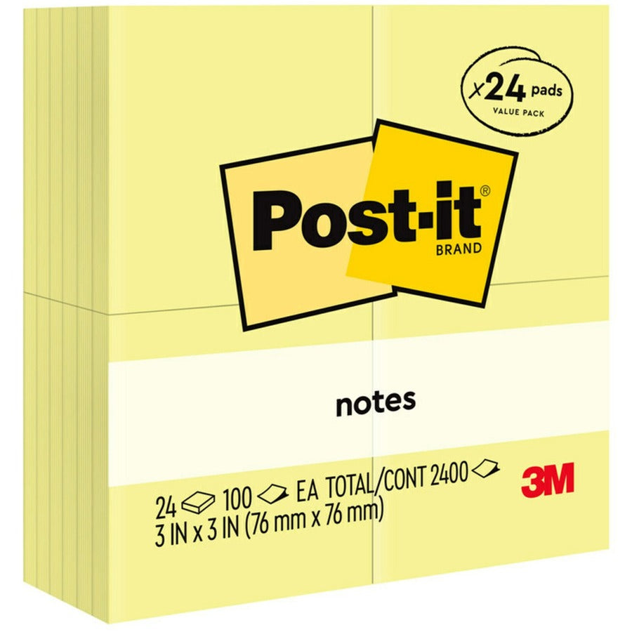 Post-it®, Notes Value Pack - 100 - 3" Flag/Note Width x 3" Flag/Note Length - Square - Unruled - Canary - Self-adhesive - 24 / Pack