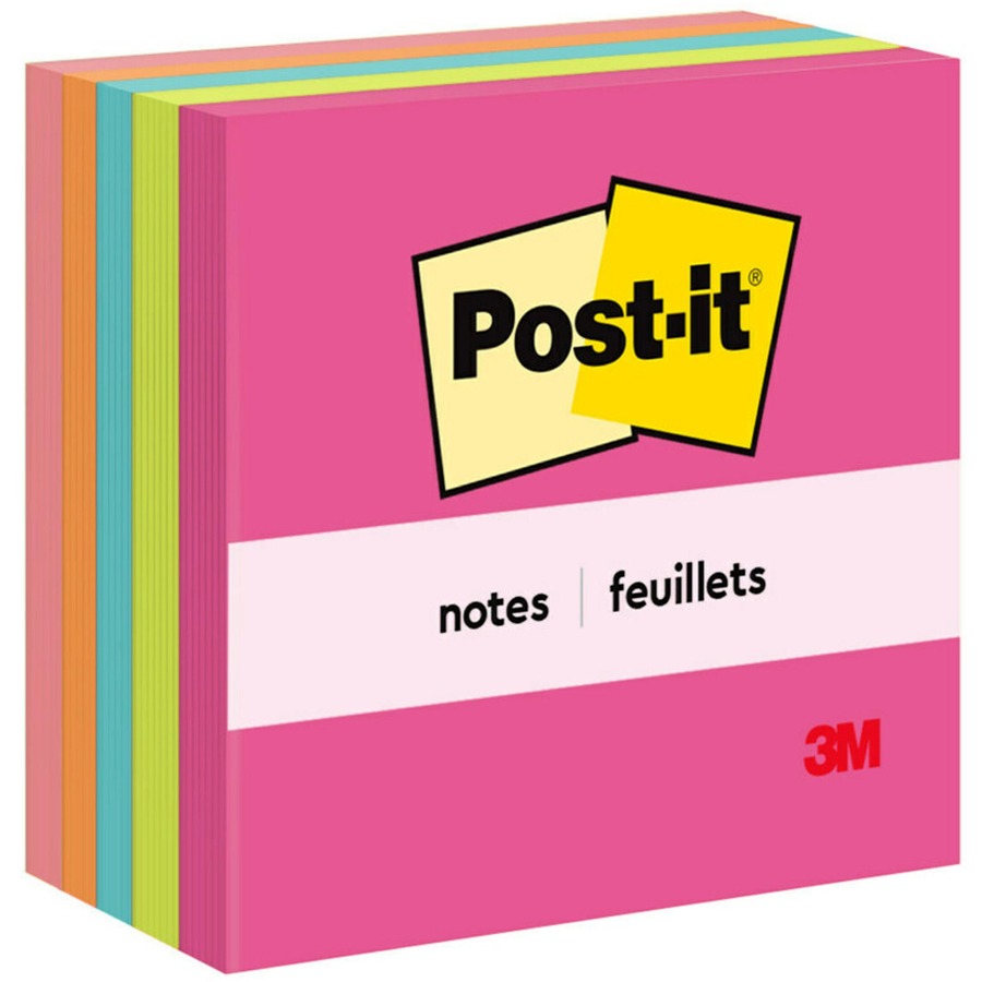 Post-it®, Notes - Poptimistic Color Collection - 500 - 3" Flag/Note Width x 3" Flag/Note Length - Square - 100 Sheets per Pad - Unruled - Power Pink, Acid Lime, Aqua Splash, Vital Orange, Guava - Paper - Self-adhesive, Repositionable - 1 Pack