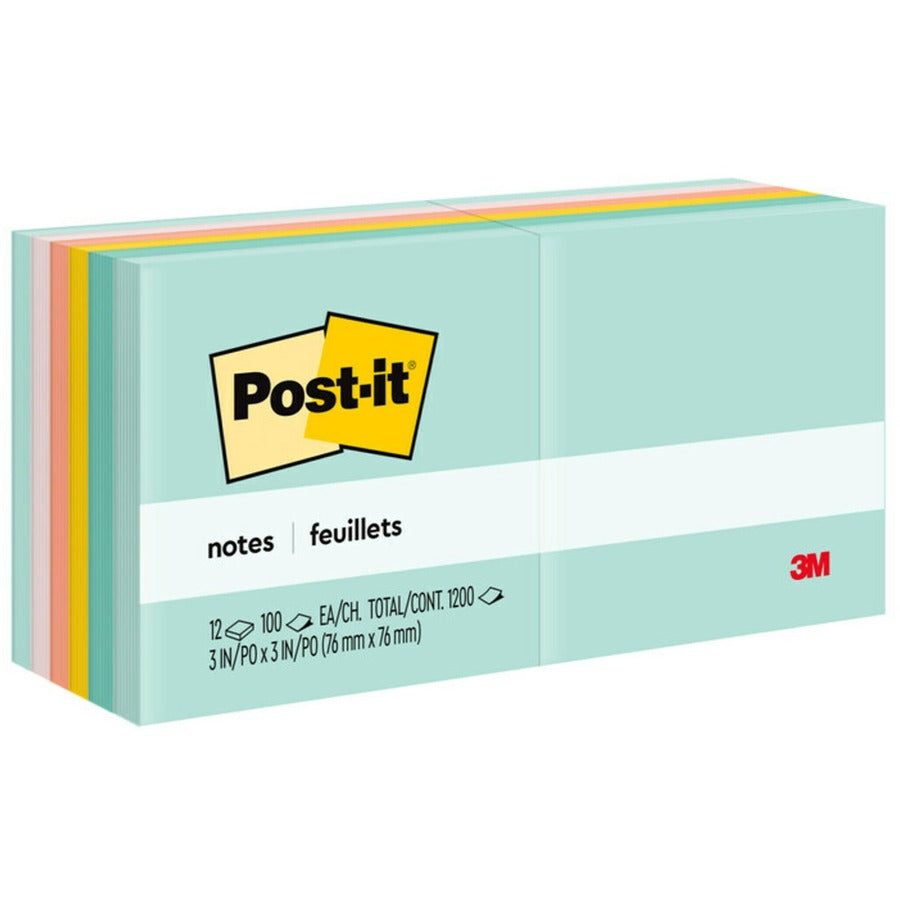 Post-it®, Notes - Beachside Café, Color Collection - 1200 - 3" Flag/Note Width x 3" Flag/Note Length - Square - 100 Sheets per Pad - Unruled - Fresh Mint, Aqua Splash, Sunnyside, Papaya Fizz, Guava - Paper - Self-adhesive, Repositionable - 1 Pack
