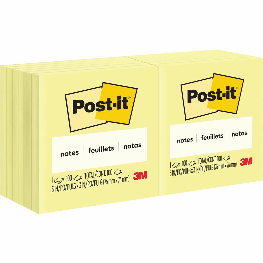 Post-it®, Notes Original Notepads - 3" Flag/Note Width x 3" Flag/Note Length - Square - 100 Sheets per Pad - Unruled - Canary Yellow - Paper - Self-adhesive, Repositionable - 1 Pack