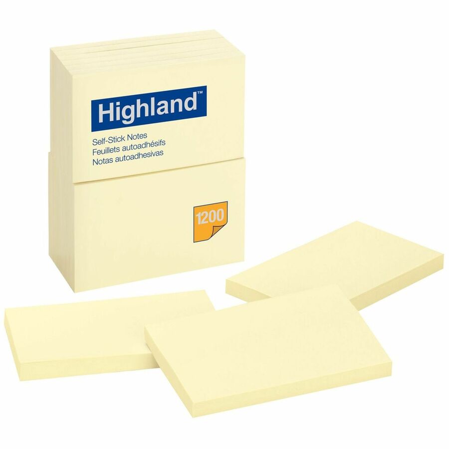 Highland Self-sticking Notepads - 1200 - 3" Flag/Note Width x 5" Flag/Note Length - Rectangle - 100 Sheets per Pad - Unruled - Yellow - Paper - Self-adhesive, Repositionable - 1 Pack