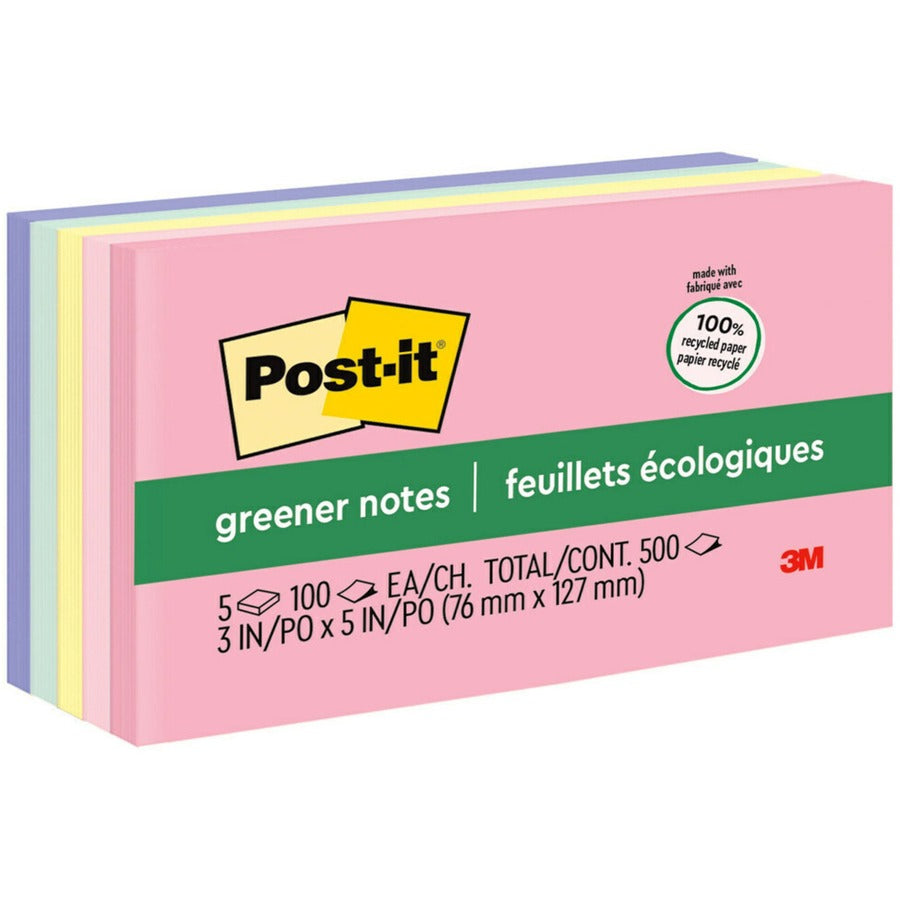 Post-it®, Greener Notes - Sweet Sprinkles Color Collection - 500 - 3" Flag/Note Width x 5" Flag/Note Length - Rectangle - 100 Sheets per Pad - Unruled - Positively Pink, Pink Salt, Canary Yellow, Fresh Mint, Moonstone - Paper - Self-adhesive, Reposi...