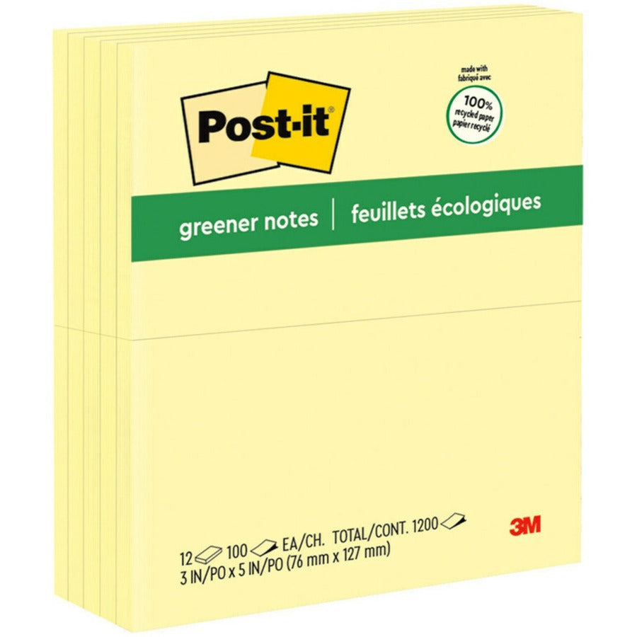 Post-it®, Greener Notes - 1200 - 3" Flag/Note Width x 5" Flag/Note Length - Rectangle - 100 Sheets per Pad - Unruled - Canary Yellow - Paper - Self-adhesive, Repositionable - 1 Pack