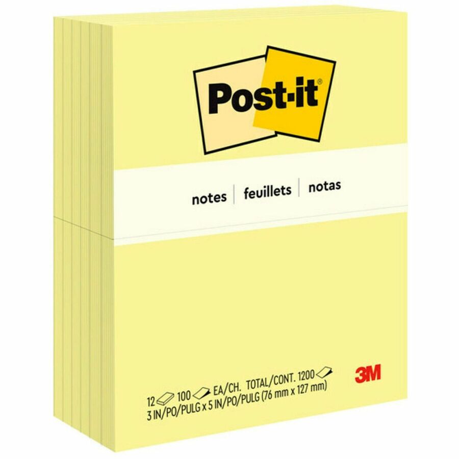 Post-it®, Notes Original Notepads - 3" Flag/Note Width x 5" Flag/Note Length - Rectangle - 100 Sheets per Pad - Unruled - Canary Yellow - Paper - Self-adhesive, Repositionable - 1 Pack