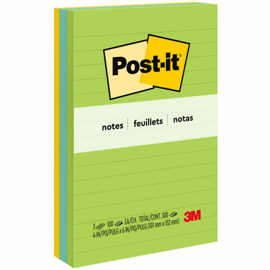 Post-it®, Notes Original Lined Notepads - Floral Fantasy Color Collection - 300 - 4" Flag/Note Width x 6" Flag/Note Length - Rectangle - 100 Sheets per Pad - Ruled - Limeade, Citron Yellow, Blue, Blue Paradise - Paper - Self-adhesive, Repositionable...