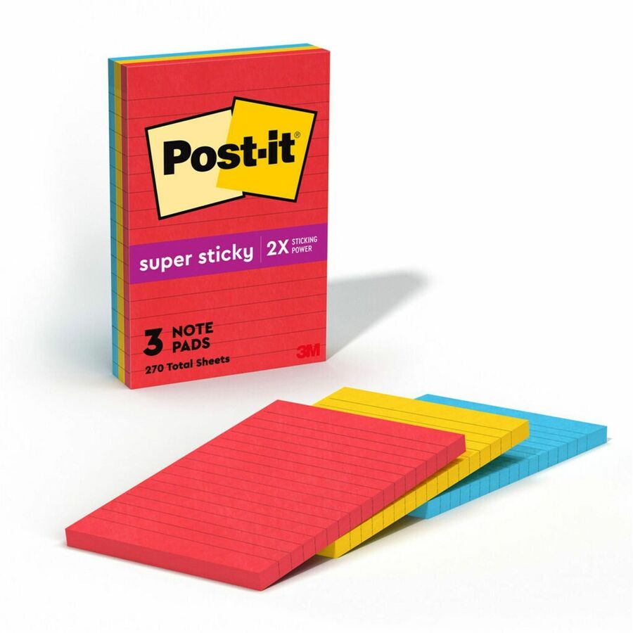 Post-it®, Notes Original Lined Notepads -Playful Primaries Color Collection - 270 - 4" Flag/Note Width x 6" Flag/Note Length - Rectangle - 90 Sheets per Pad - Ruled - Candy Apple Red, Sunnyside, Blue Paradise - Paper - Self-adhesive - 3 / Pack