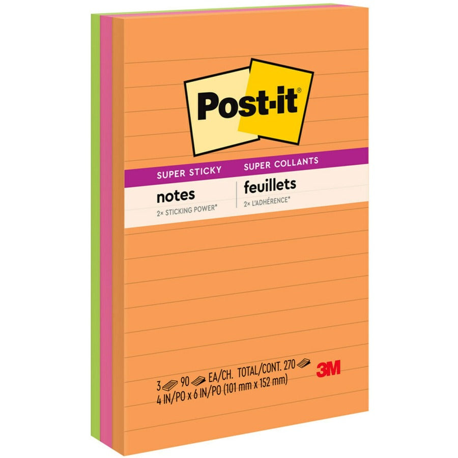 Post-it®, Super Sticky Notes - Energy Boost Color Collection - 270 x Assorted - 4" Flag/Note Width x 6" Flag/Note Length - Rectangle - 90 Sheets per Pad - Ruled - Orange, Pink, Green - Paper - Self-adhesive, Recyclable - 3 / Pack