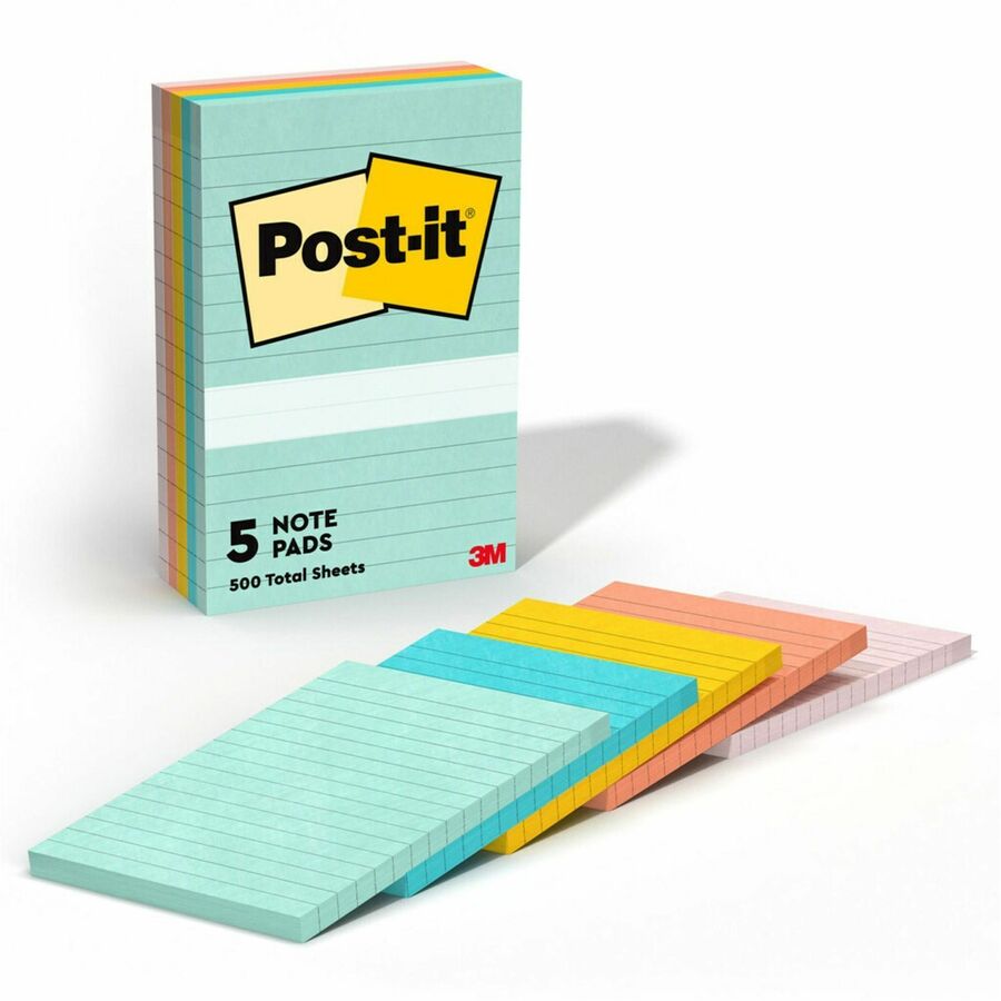 Post-it®, Lined Notes - Beachside Café, Color Collection - 500 x Assorted Pastel - 4" Flag/Note Width x 6" Flag/Note Length - Rectangle - 100 Sheets per Pad - Ruled - Fresh Mint, Aqua Splash, Sunnyside, Papaya Fizz, Guava - Paper - Self-adhesi...