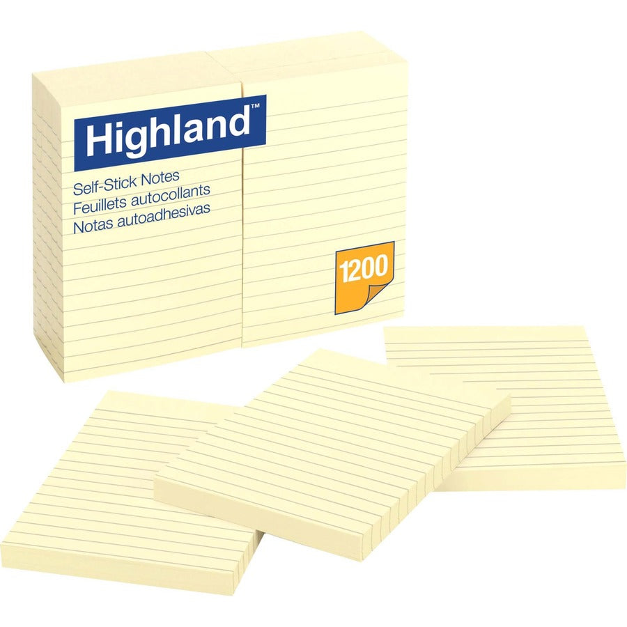 Highland Self-sticking Lined Notepads - 1200 - 4" Flag/Note Width x 6" Flag/Note Length - Rectangle - 100 Sheets per Pad - Ruled - Yellow - Paper - Self-adhesive - 1 Pack