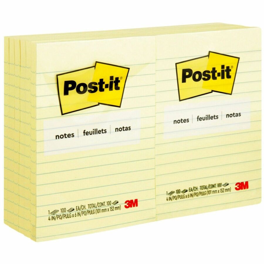 Post-it®, Notes Original Lined Notepads - 100 - 4" Flag/Note Width x 6" Flag/Note Length - Rectangle - 100 Sheets per Pad - Ruled - Canary Yellow - Paper - Self-adhesive, Repositionable - 12 / Pack