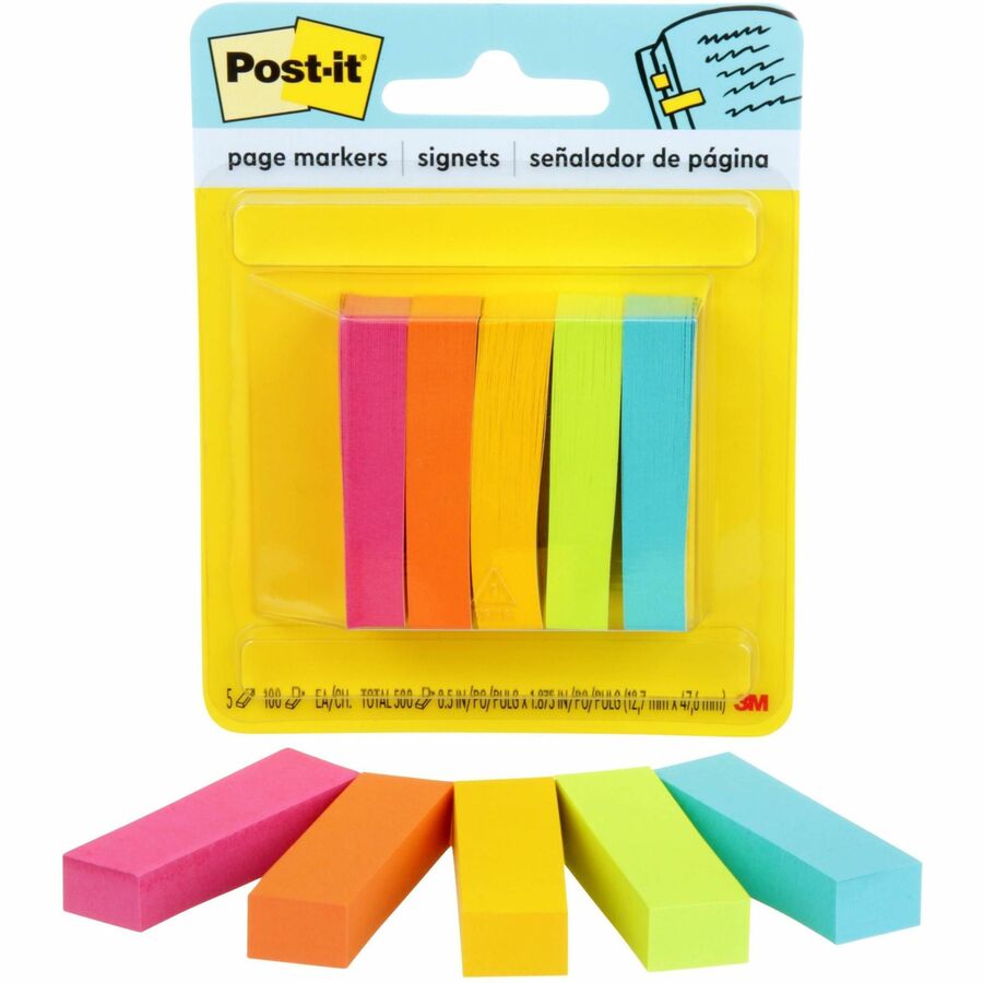 Post-it®, Page Markers - 1/2" Flag/Note Width x 2" Flag/Note Length - Rectangle - 100 Sheets per Pad - Unruled - Assorted Neon - Paper - Removable, Self-adhesive - 5 Pads/Pack - 500 / Pack