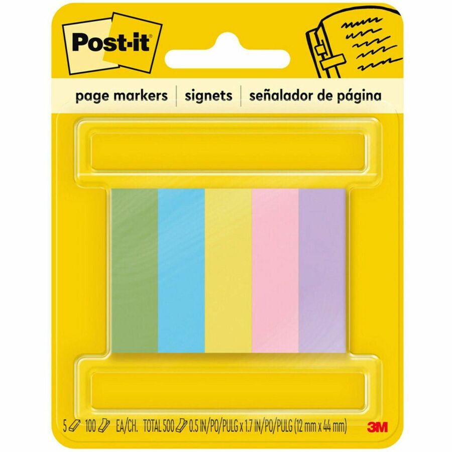 Post-it®, Page Markers - 100 - 1/2" Flag/Note Width x 2" Flag/Note Length - Rectangle - Unruled - Electric Blue, Yellow, Aqua Wave, Light Mulberry, Neon Green - Paper - Removable, Self-adhesive - 500 / Pack