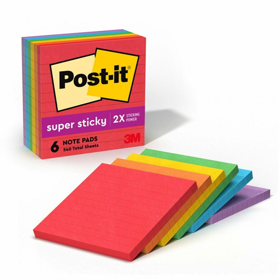 Post-it®, Super Sticky Lined Notes - Playful Primaries Color Collection - 540 - 4" Flag/Note Width x 4" Flag/Note Length - Square - 90 Sheets per Pad - Ruled - Candy Apple Red, Vital Orange, Lucky Green, Sunnyside, Blue Paradise, Iris Infusion - Pap...