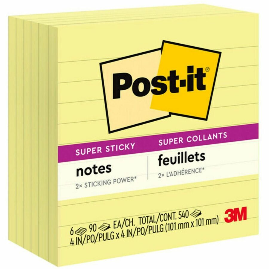 Post-it®, Super Sticky Lined Notes - 540 - 4" Flag/Note Width x 4" Flag/Note Length - Square - 90 Sheets per Pad - Ruled - Canary Yellow - Paper - Self-adhesive - 6 / Pack