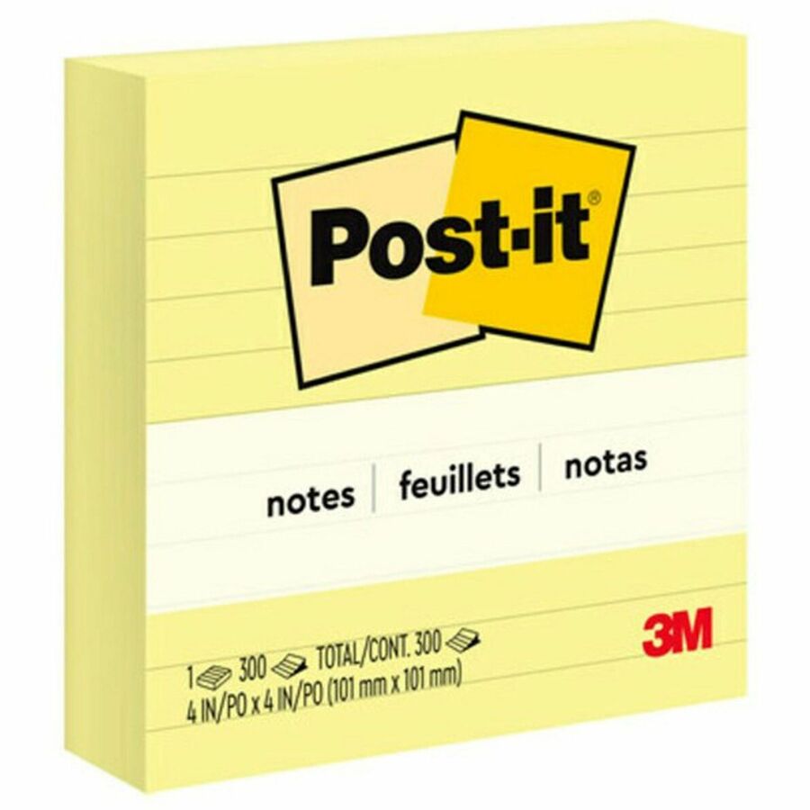 Post-it®, Lined Notes - 300 - 4" Flag/Note Width x 4" Flag/Note Length - Square - 300 Sheets per Pad - Ruled - Canary Yellow - Paper - Recyclable - 1 Pad