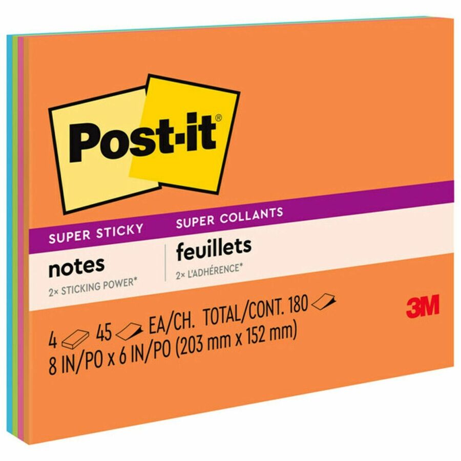 Post-it®, Super Sticky Notes - Energy Boost Color Collection - 180 - 6" Flag/Note Width x 8" Flag/Note Length - Rectangle - 45 Sheets per Pad - Unruled - Vital Orange, Tropical Pink, Limeade, Blue Paradise - Paper Fibre - Self-adhesive - 4 / Pack