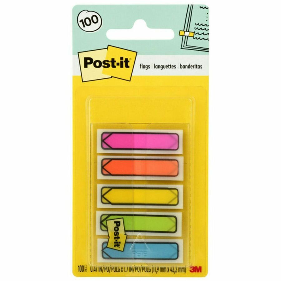 Post-it®, Arrow Flags in On-the-Go Dispenser - Bright Colors - 20 x Blue, 20 x Green, 20 x Pink, 20 x Purple, 20 x Yellow - 1/2" Flag/Note Width x 1 3/4" Flag/Note Length - Arrow, Rectangle - Unruled - Orange, Pink, Green, Blue, Yellow, Aqua - Remov...