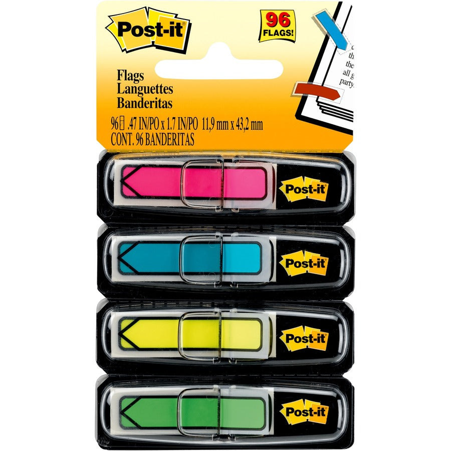 Post-it®, Arrow Flags - 24 x Pink, 24 x Blue, 24 x Yellow, 24 x Green - 1/2" Flag/Note Width x 1 3/4" Flag/Note Length - Arrow, Rectangle - Unruled - Pink, Green, Blue, Yellow, Aqua - Removable, Self-adhesive - Dispenser Included - 96 / Pack