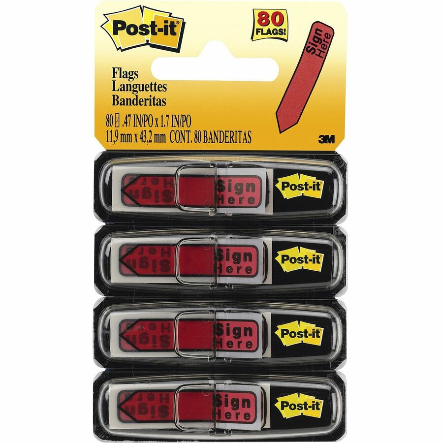 Post-it®, Arrow Message Flags - 80 x Red - 1/2" Flag/Note Width x 1 3/4" Flag/Note Length - Arrow, Rectangle - Unruled - SIGN HERE - Red - Removable, Self-adhesive - Dispenser Included - 80 / Pack