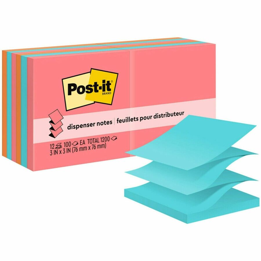 Post-it®, Dispenser Notes - 1200 - 3" Flag/Note Width x 3" Flag/Note Length - Square - 100 Sheets per Pad - Unruled - Guava, Aqua Splash, Vital Orange - Paper - Pop-up, Self-adhesive, Repositionable - 1 Pack