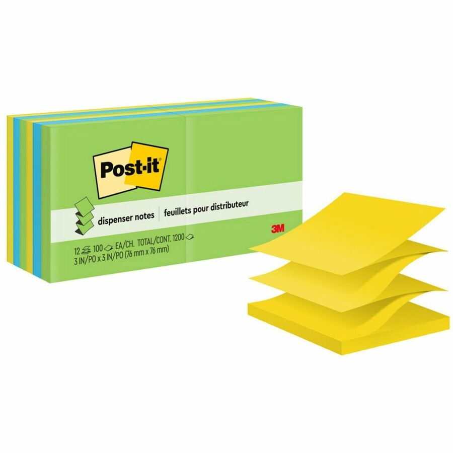 Post-it®, Dispenser Notes - 1200 - 3" Flag/Note Width x 3" Flag/Note Length - Square - 100 Sheets per Pad - Unruled - Limeade, Citron, Blue Paradise - Paper - Pop-up, Refillable, Self-adhesive, Repositionable - 1 Pack