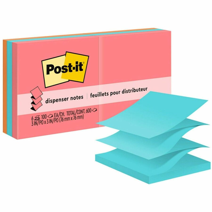 Post-it®, Pop-up Adhesive Note - 600 - 3" Flag/Note Width x 3" Flag/Note Length - Square - 100 Sheets per Pad - Unruled - Electric Blue, Limeade, Neon Orange, Neon Pink, Concord - Paper - Pop-up, Self-adhesive, Repositionable - 1 Pack