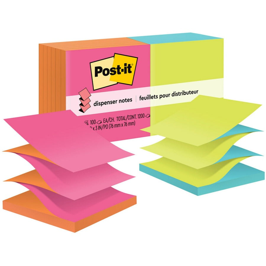 Post-it®, Dispenser Notes - 1200 - 3" Flag/Note Width x 3" Flag/Note Length - Square - 100 Sheets per Pad - Unruled - Power Pink, Vital Orange, Acid Lime, Aqua Splash - Paper - Refillable, Pop-up, Self-adhesive, Repositionable - 12 / Pack