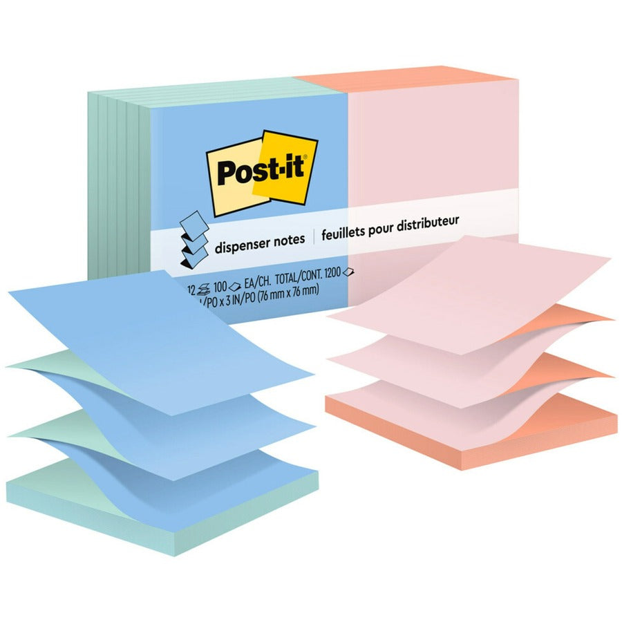 Post-it®, Dispenser Notes - Alternating Pastel Colors - 1200 - 3" Flag/Note Width x 3" Flag/Note Length - Square - 100 Sheets per Pad - Unruled - Fresh Mint, Canary Yellow, Pink Salt, Papaya Fizz - Paper - Refillable, Pop-up, Self-adhesive, Repositi...