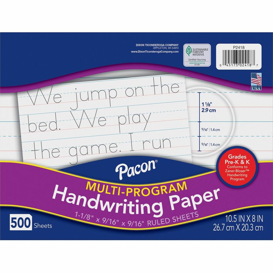 Pacon Multi-Program Handwriting Papers - 500 Sheets - 1.13" Ruled - Unruled Margin - 10 1/2" x 8" Sheet Size - White Paper - 1 Ream