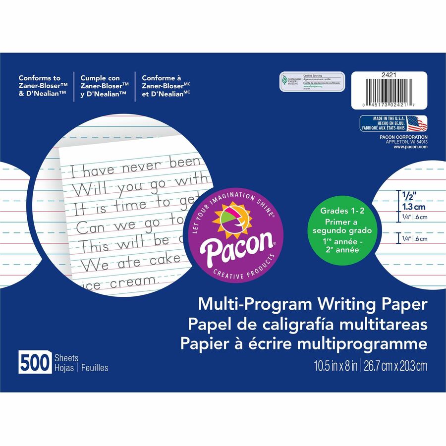 Pacon Multi-Program Handwriting Papers - 500 Sheets - 0.50" Ruled - Unruled Margin - 10 1/2" x 8" Sheet Size - White Paper - Hard Cover - 1 Ream