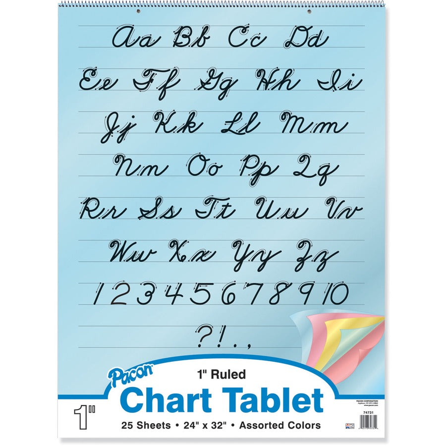 Pacon Cursive Cover Colored Paper Chart Tablet - 25 Sheets - 1" Ruled - 24" x 32" Sheet Size x 24" Width x 32" Length - Assorted Paper - Recycled - 1 Each