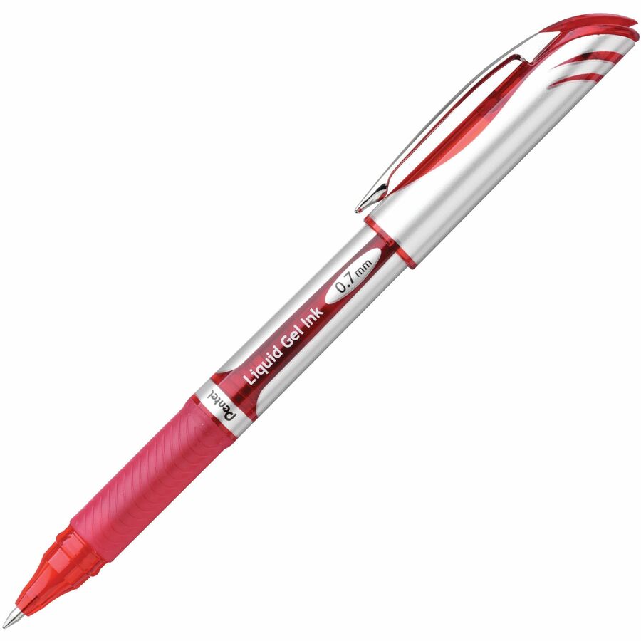 Pentel EnerGel Deluxe Rollerball Pen - Refillable - Red Ink - Gel-based - Silver Barrel - 12 / Box
