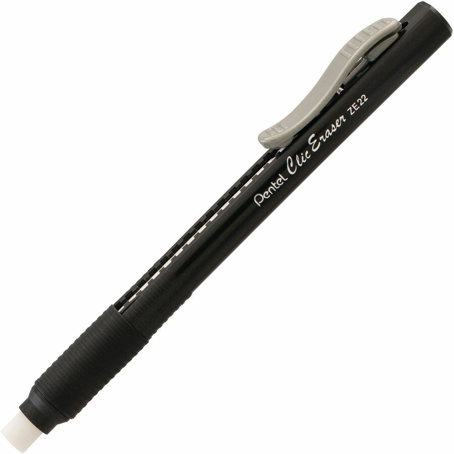 Pentel Rubber Grip Clic Eraser - Black - Black Barrel - Pen - Refillable - 1 Each - Retractable, Latex-free Grip, Ghost Resistant, Pocket Clip
