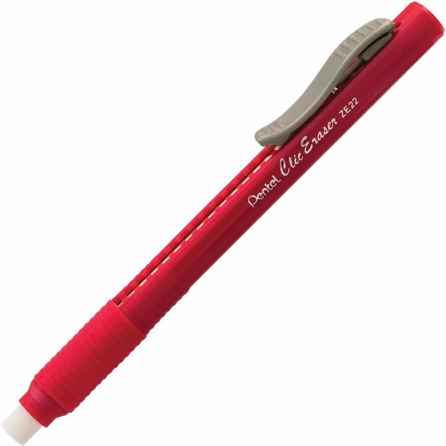 Pentel Rubber Grip Clic Eraser - Red - Red Barrel - Pen - Refillable - 1 Each - Retractable, Latex-free Grip, Pocket Clip, Ghost Resistant, Non-abrasive
