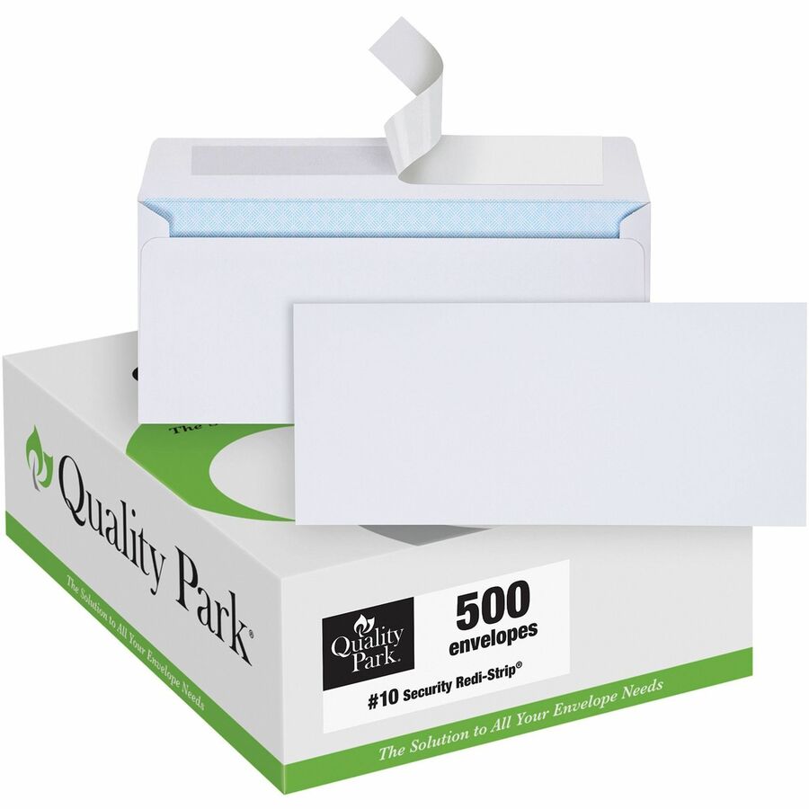 Quality Park No. 10 Security Tinted Business Envelopes with Redi-Strip®, Closure - Security - #10 - 4 1/8" Width x 9 1/2" Length - 24 lb - Self-sealing - White - Wove - 500 / Box