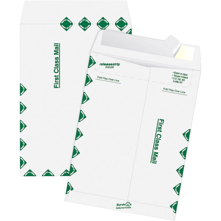 Survivor®, 12 x 15-1/2 DuPont Tyvek First Class Border Catalog Mailer - First Class Mail - #15 1/2 - 12" Width x 15 1/2" Length - 14 lb - Peel & Seal - White - Tyvek - 100 / Box